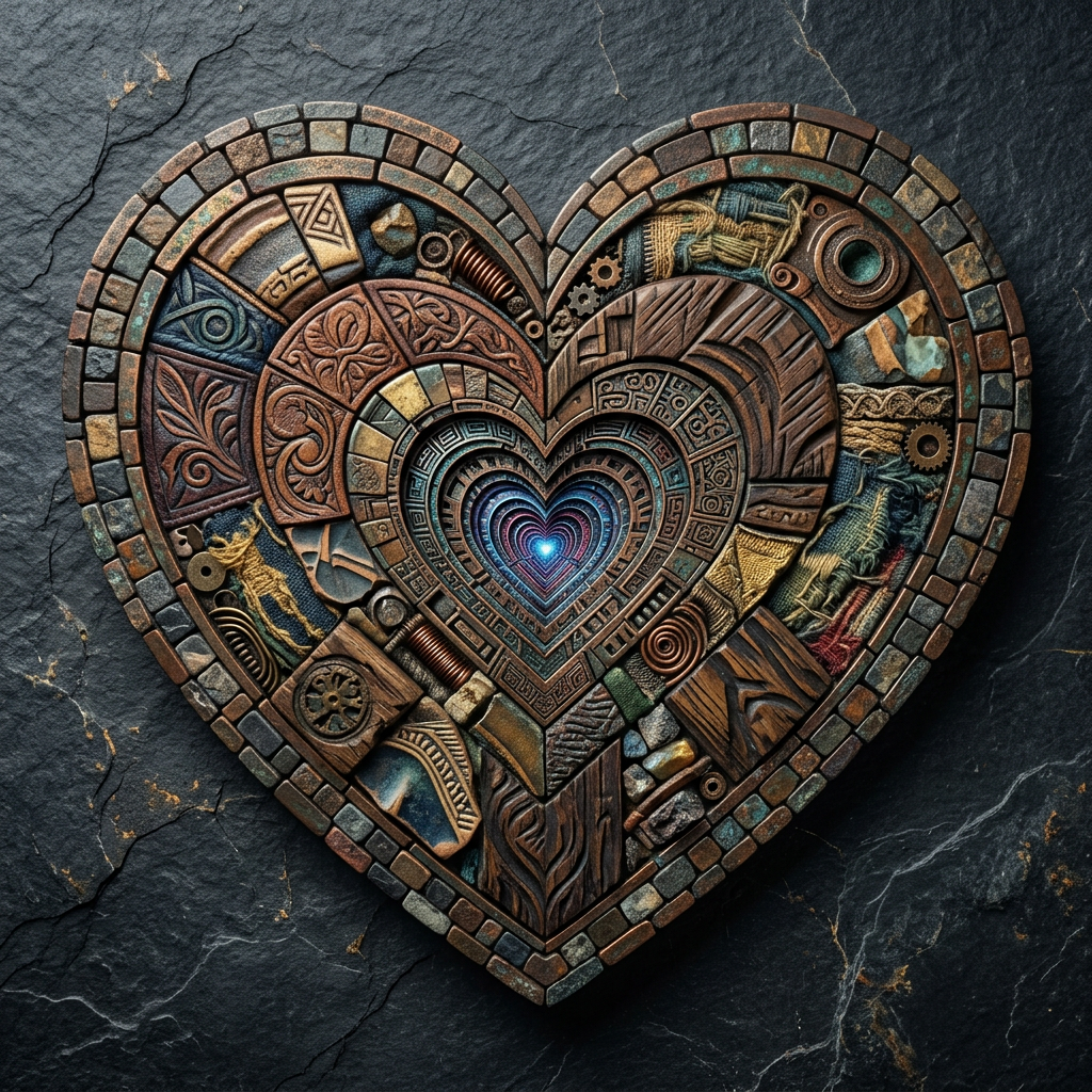 Heart-shaped mosaic with intricate patterns and glowing center